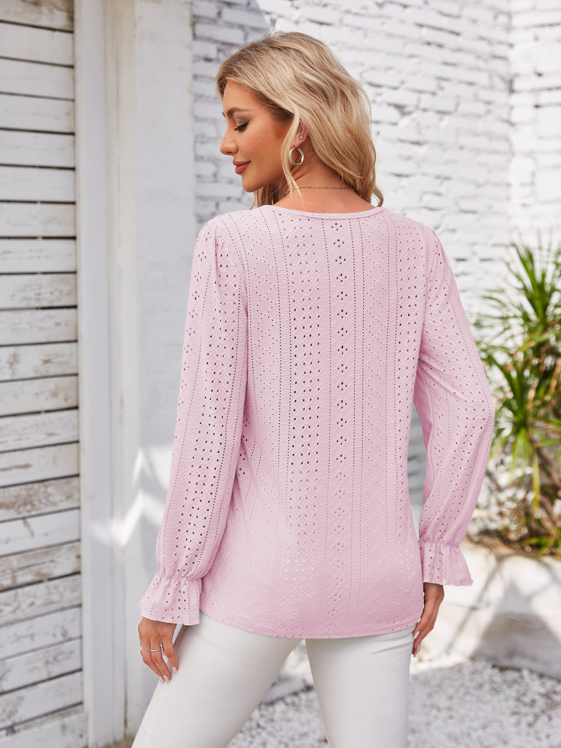 Applique V-Neck Flounce Sleeve T-Shirt-Angel Casuals
