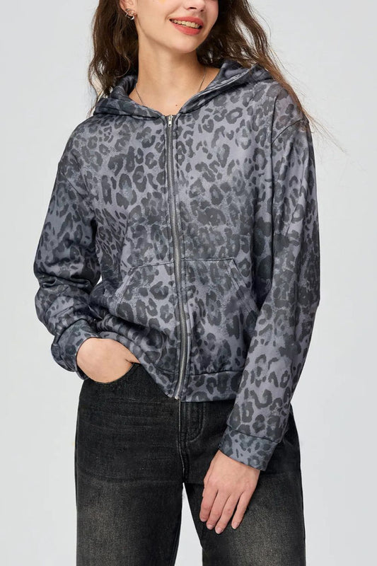 Pocketed Leopard Zip Up Hooded Jacket-Angel Casuals