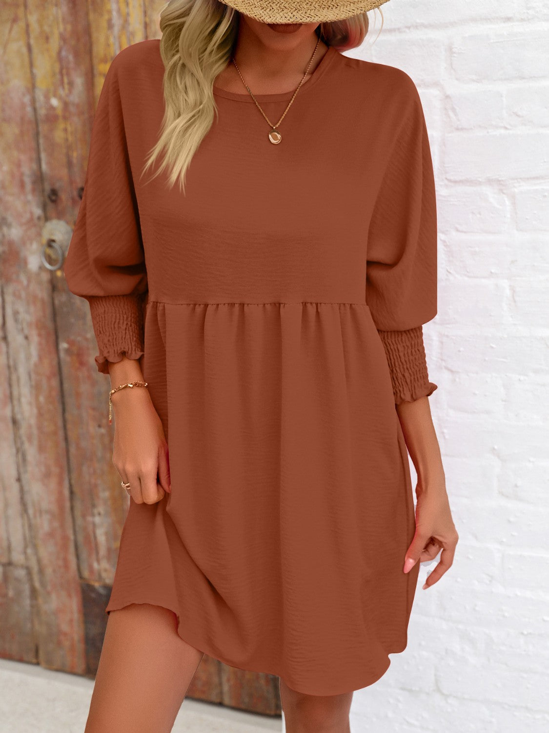 Round Neck Lantern Sleeve Mini Dress-Angel Casuals