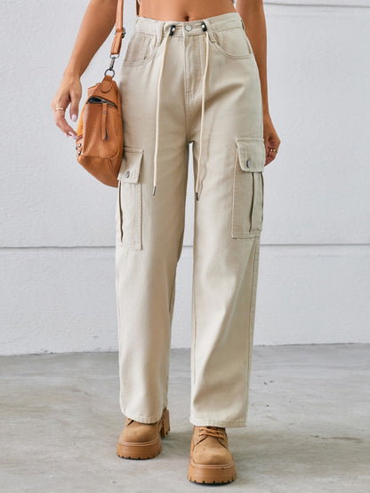 Drawstring Mid-Rise Waist Straight Cargo Jeans-Angel Casuals