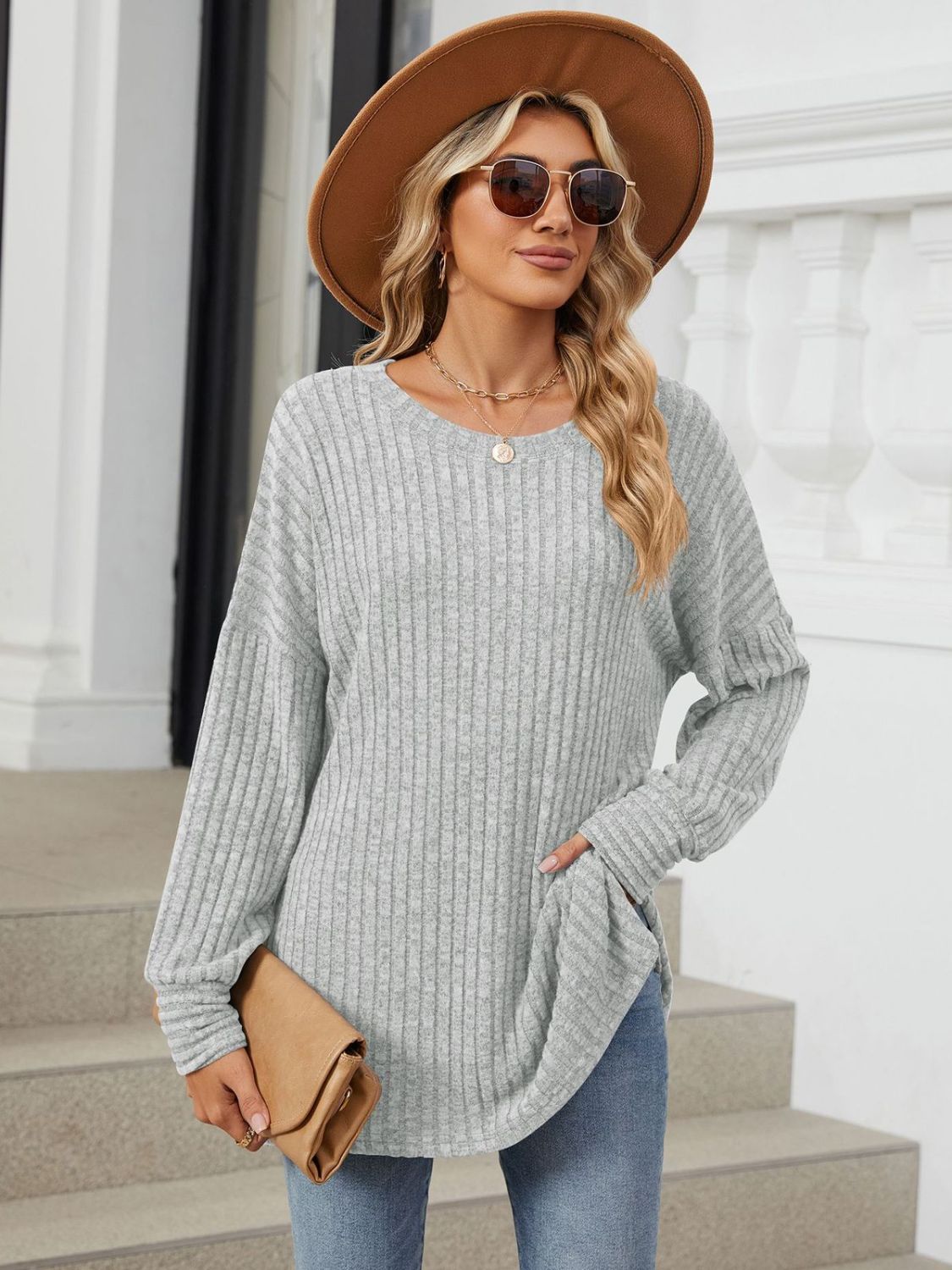 Ribbed Round Neck Long Sleeve T-Shirt-Angel Casuals