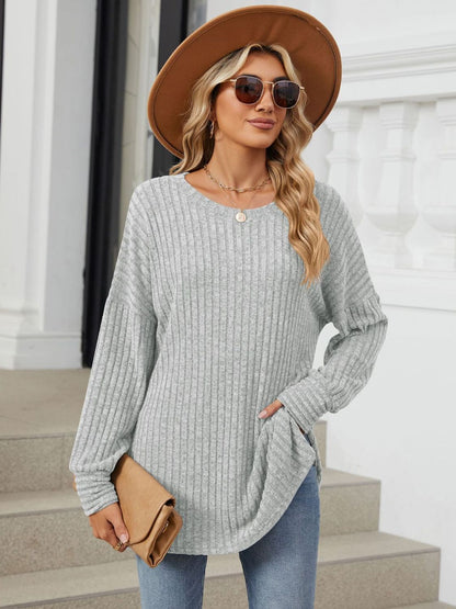 Ribbed Round Neck Long Sleeve T-Shirt-Angel Casuals