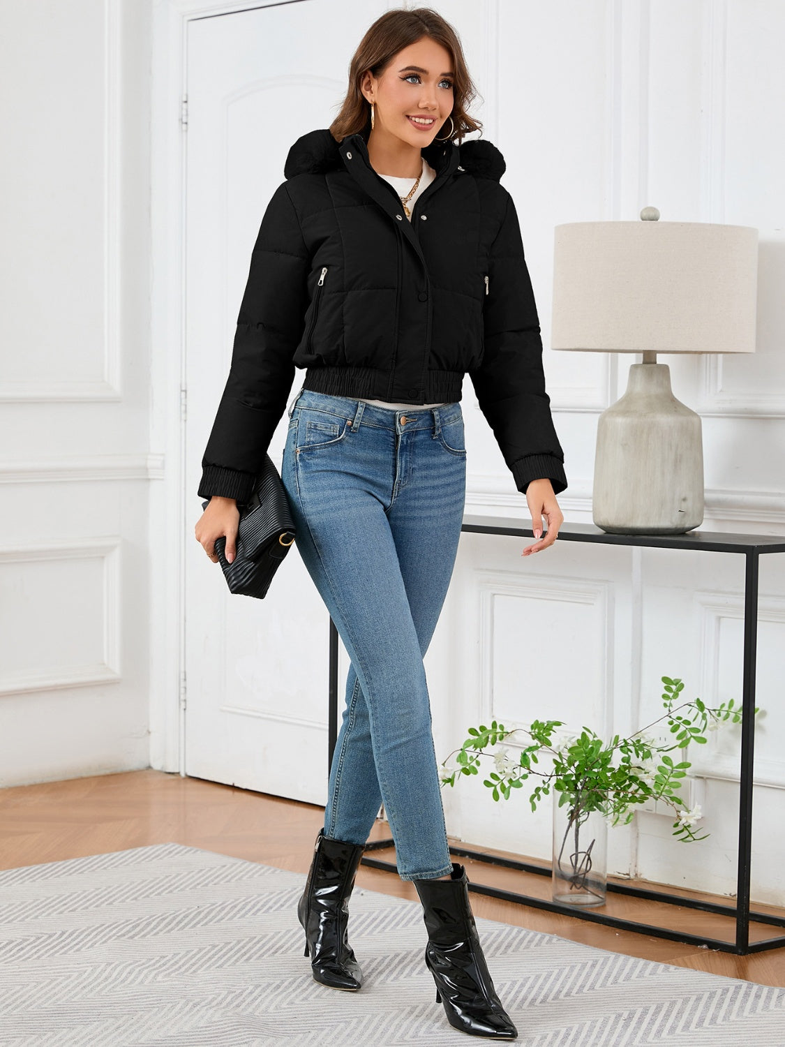 Pocketed Long Sleeve Cropped Hooded Winter Coat-Angel Casuals