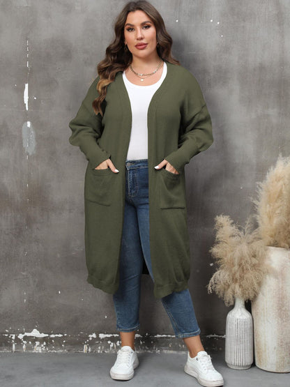 Plus Size Long Sleeve Pocketed Cardigan-Angel Casuals