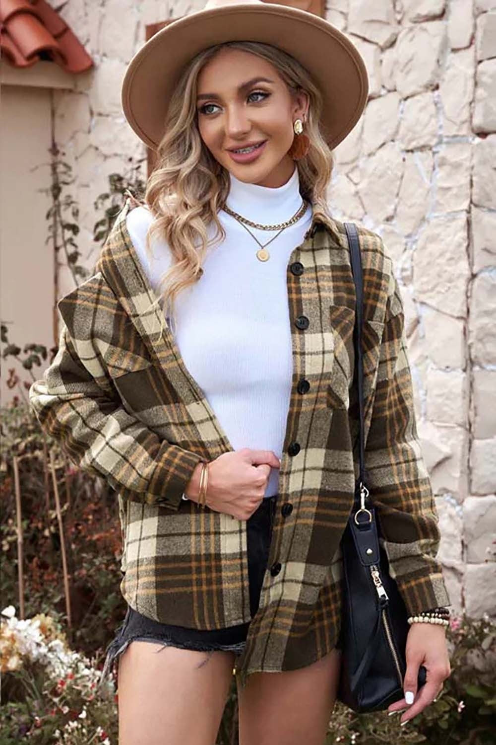 Plaid Collared Neck Button Up Jacket with Pockets-Angel Casuals