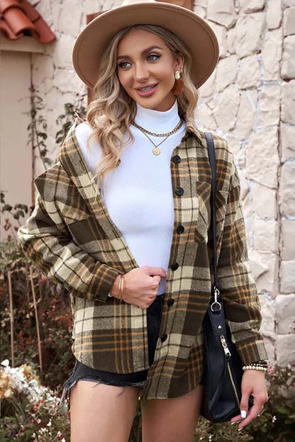 Plaid Collared Neck Button Up Jacket with Pockets-Angel Casuals