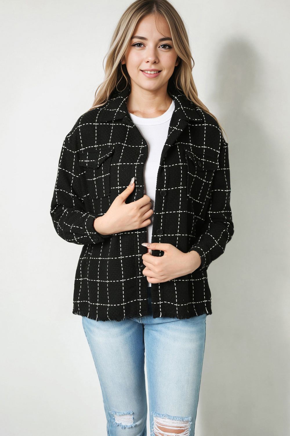 Plaid Raw Hem Jacket with Pockets-Angel Casuals