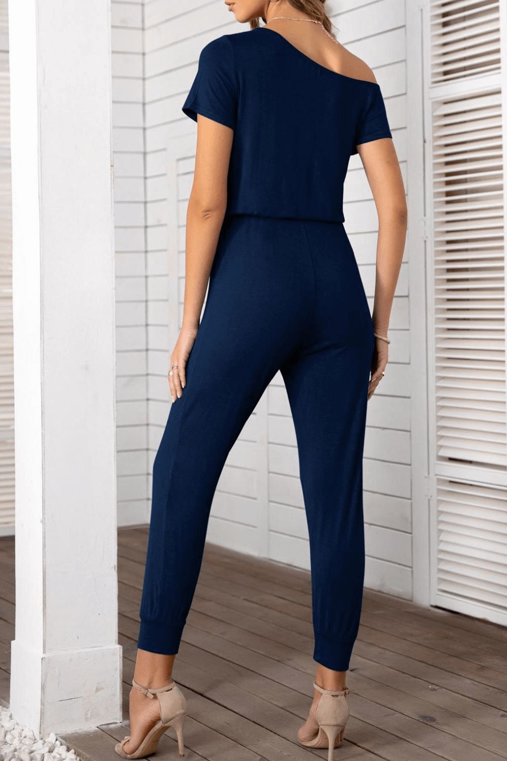 Asymmetrical Neck Short Sleeve Jumpsuit-Angel Casuals