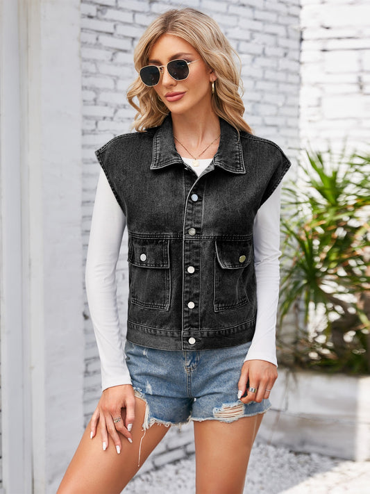 Cap Sleeve Denim Jacket with Pockets-Angel Casuals