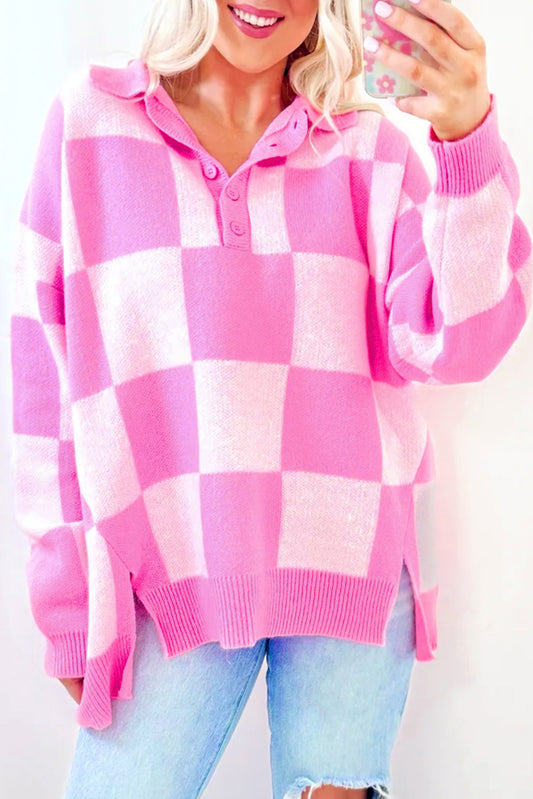 Slit Checkered Half Button Long Sleeve Sweater-Angel Casuals