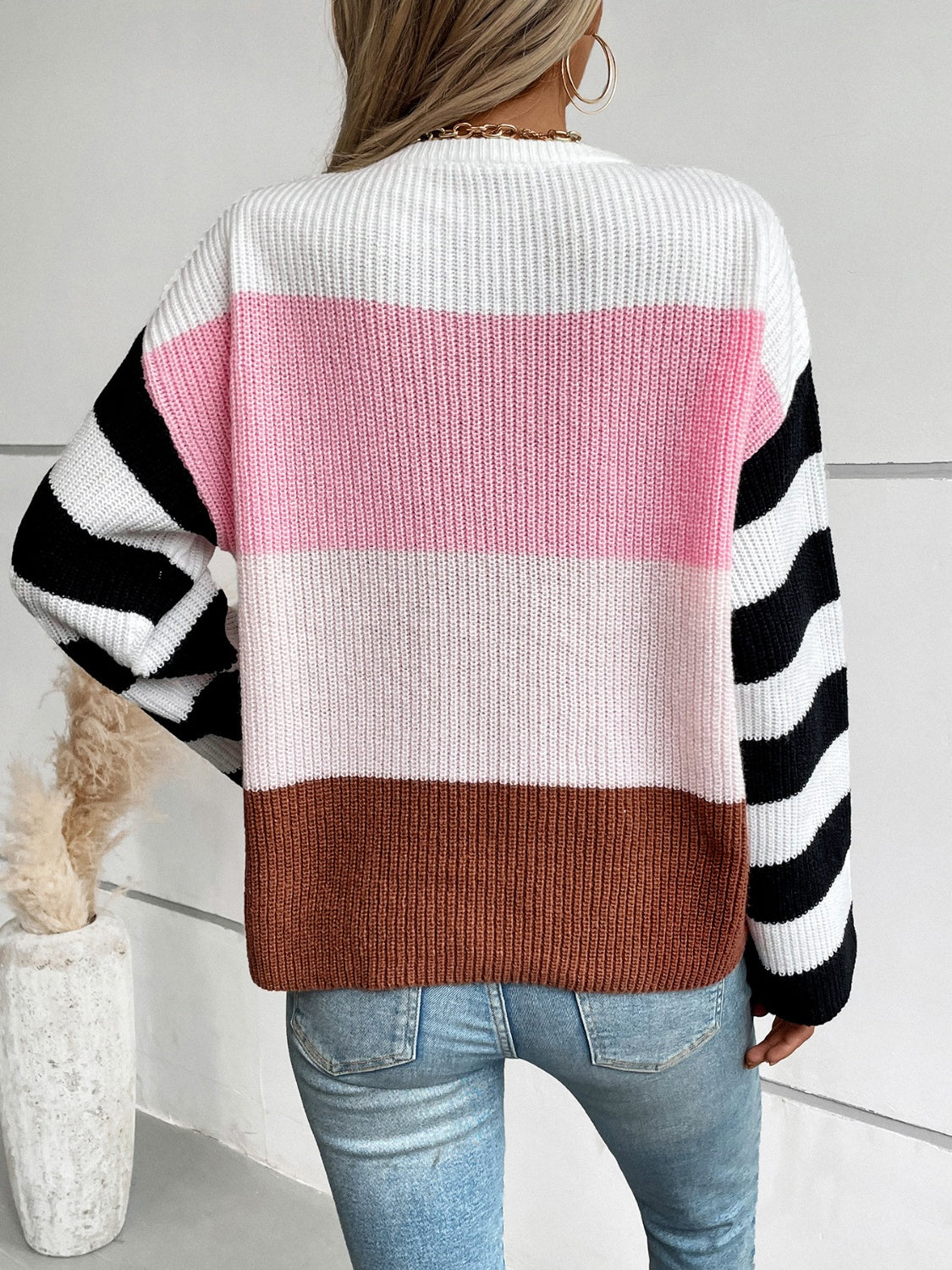 Color Block Round Neck Long Sleeve Sweater-Angel Casuals