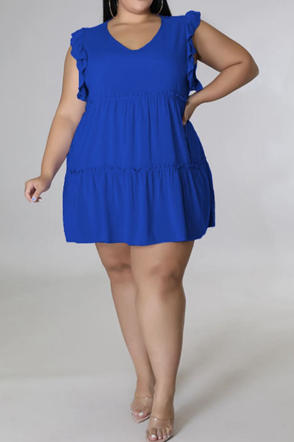 Plus Size V-Neck Frill Trim Mini Dress-Angel Casuals