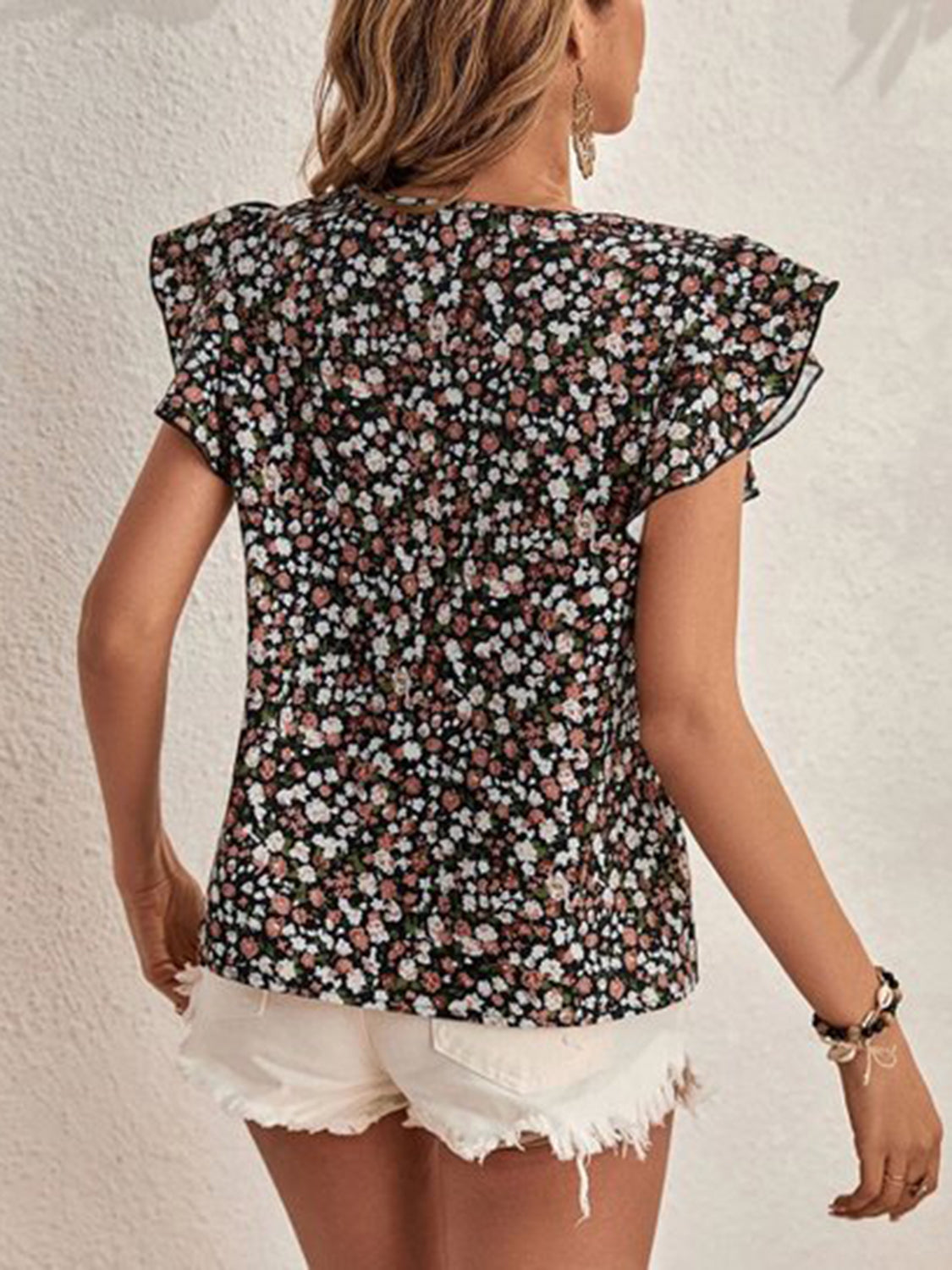 Ditsy Floral Round Neck Cap Sleeve Top-Angel Casuals