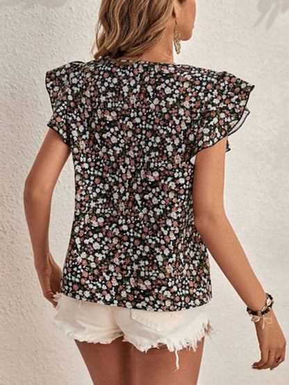 Ditsy Floral Round Neck Cap Sleeve Top-Angel Casuals