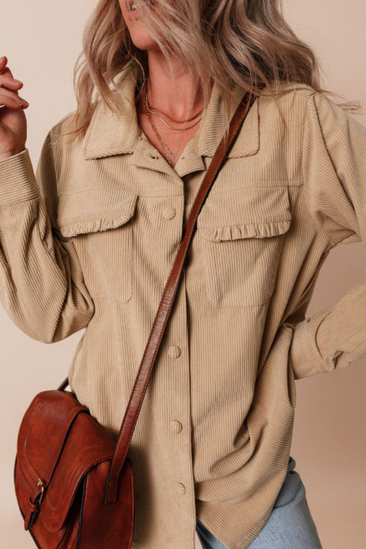 Frill Button Up Long Sleeve Shacket-Angel Casuals
