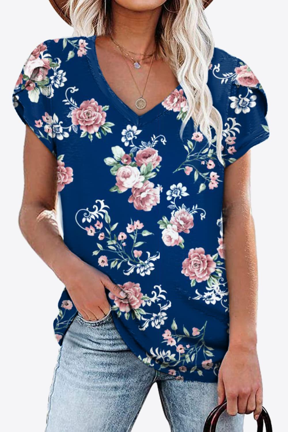 Printed Petal Sleeve V-Neck Blouse-Angel Casuals