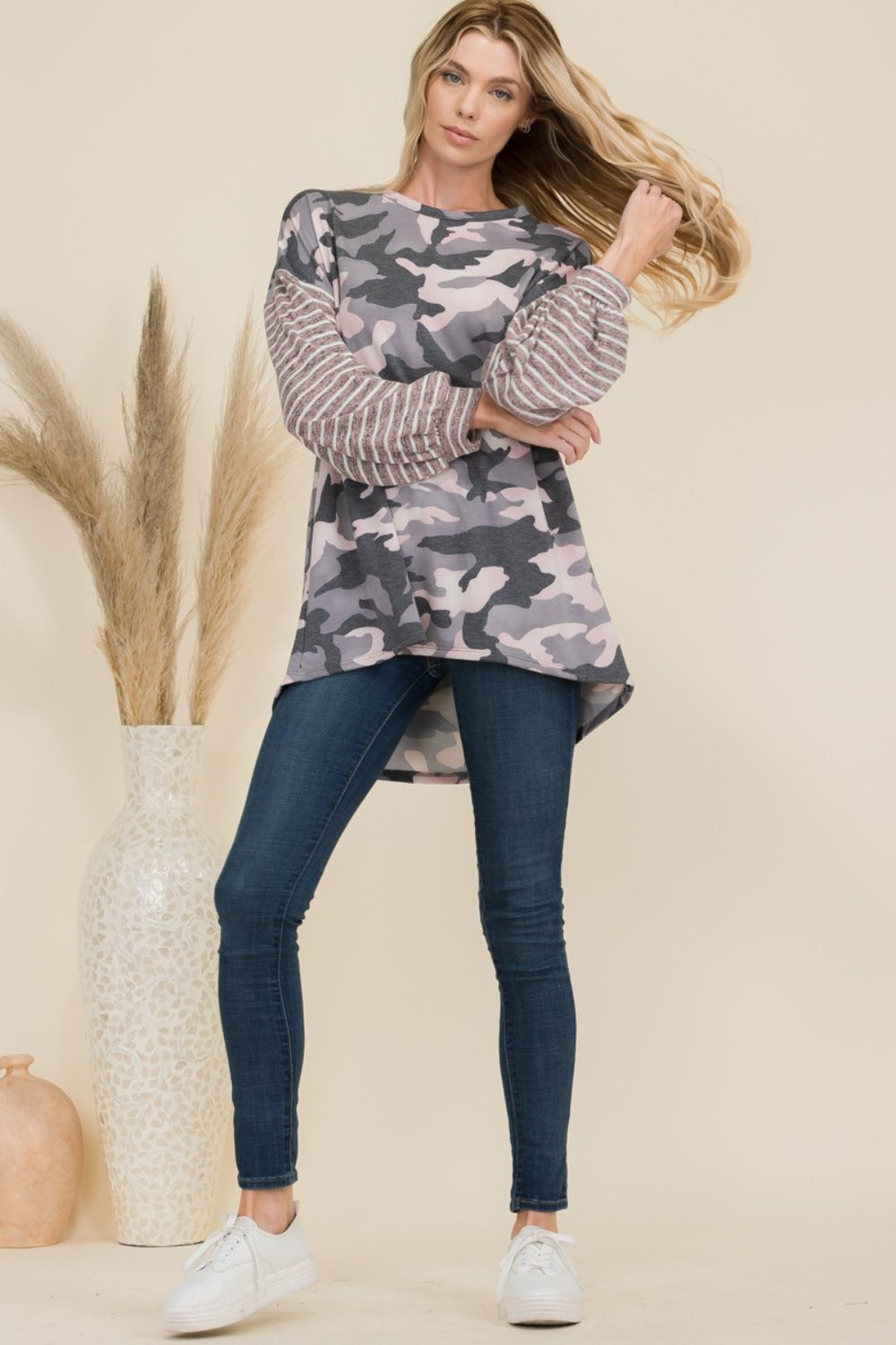 Celeste Full Size Camo Print High-Low T-Shirt with Stripe Sleeves-Angel Casuals