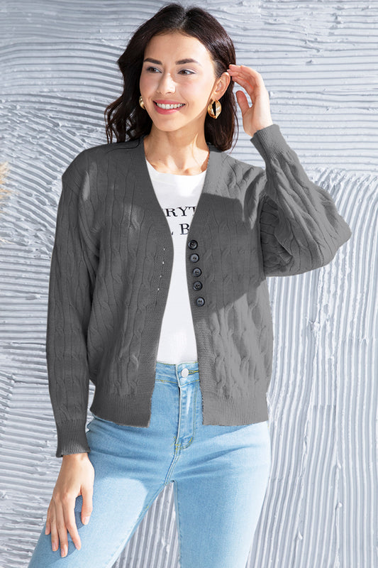 Cable-Knit Button Up Dropped Shoulder Cardigan-Angel Casuals