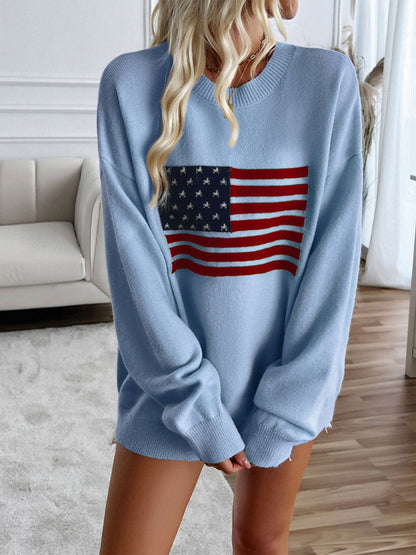 Devine US Flag Round Neck Long Sleeve Knit Top-Angel Casuals