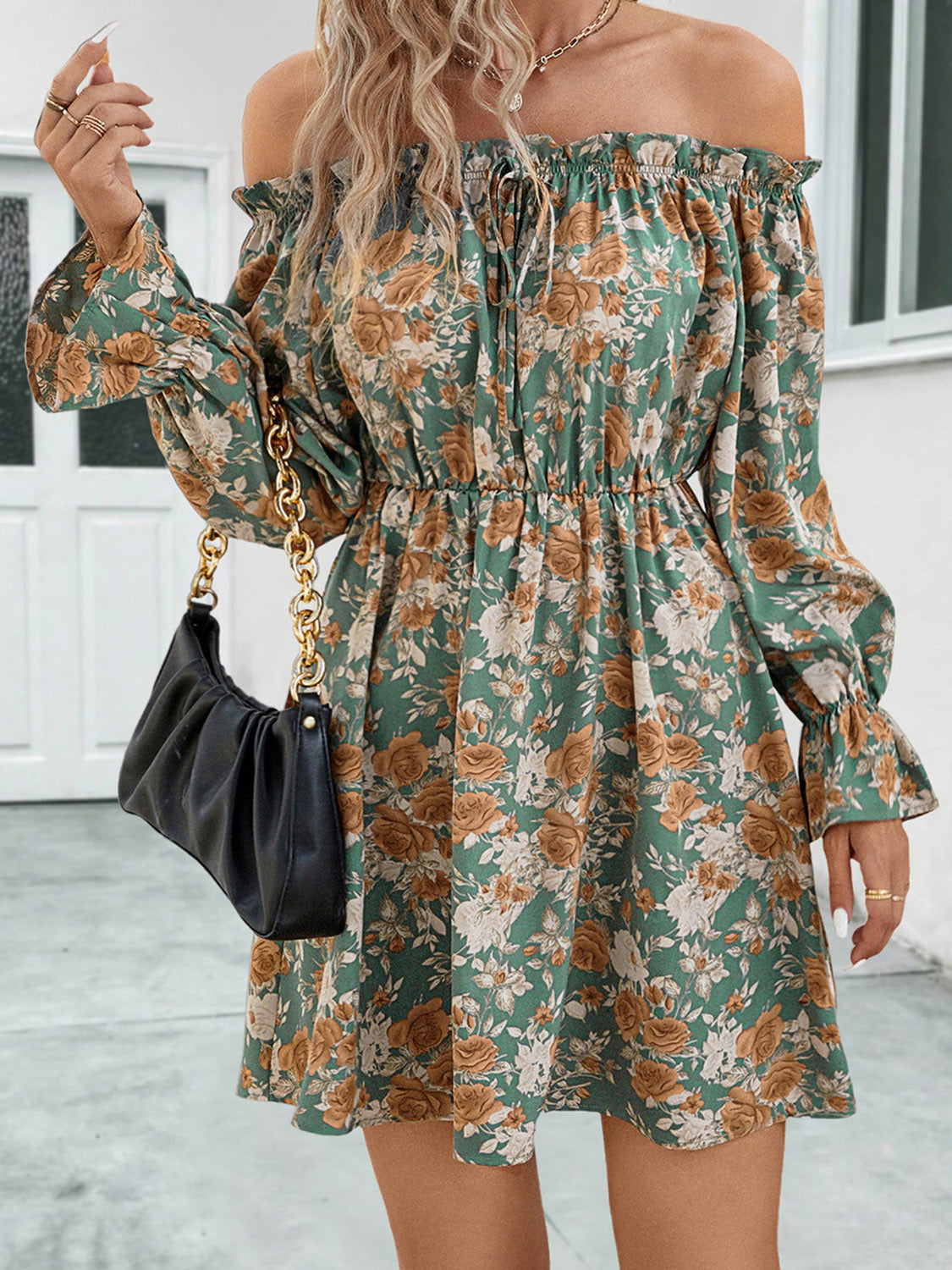 Floral Off-Shoulder Flounce Sleeve Dress-Angel Casuals