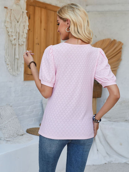 Eyelet Asymmetrical Neck Short Sleeve T-Shirt-Angel Casuals