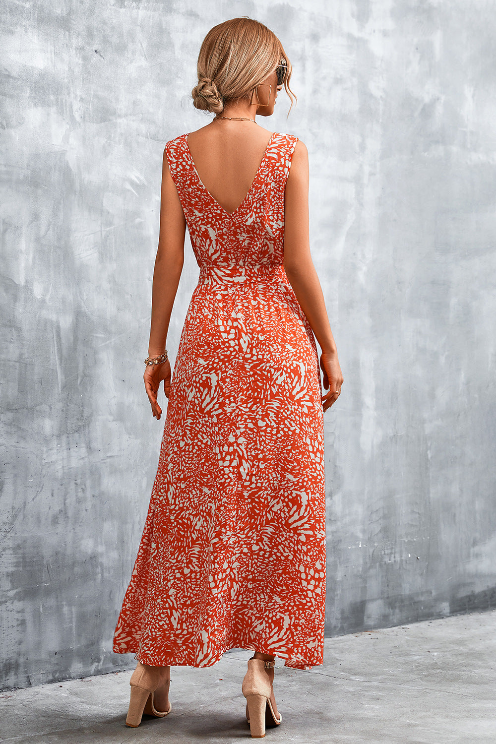 Printed V-Neck Tie Waist Maxi Dress-Angel Casuals