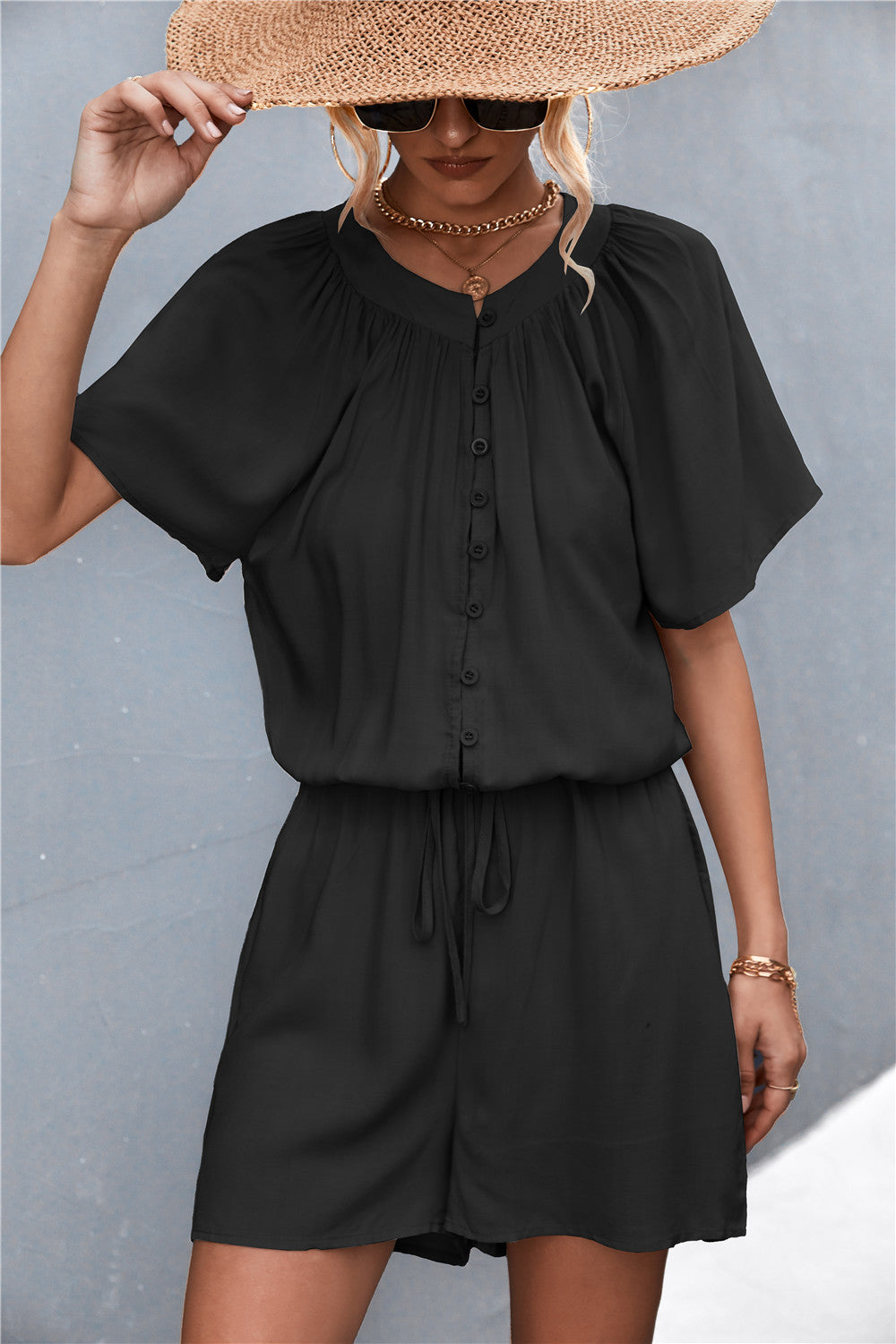 Buttoned Gather Detail Romper-Angel Casuals