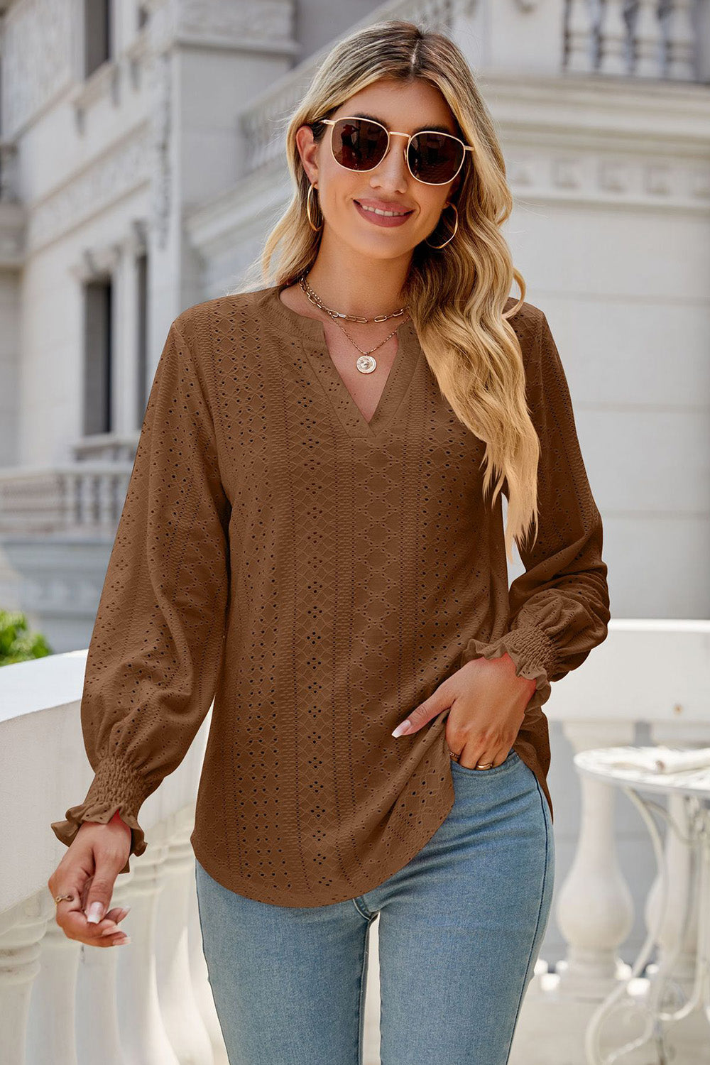 Eyelet Notched Lantern Sleeve T-Shirt-Angel Casuals