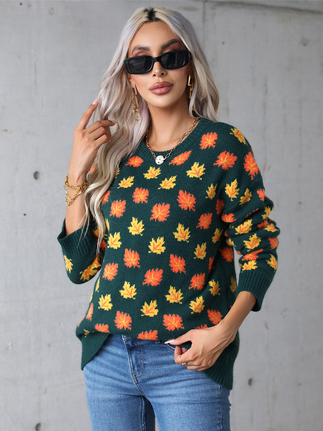 Angel Wings Maple Leaf Round Neck Long Sleeve Sweater-Angel Casuals