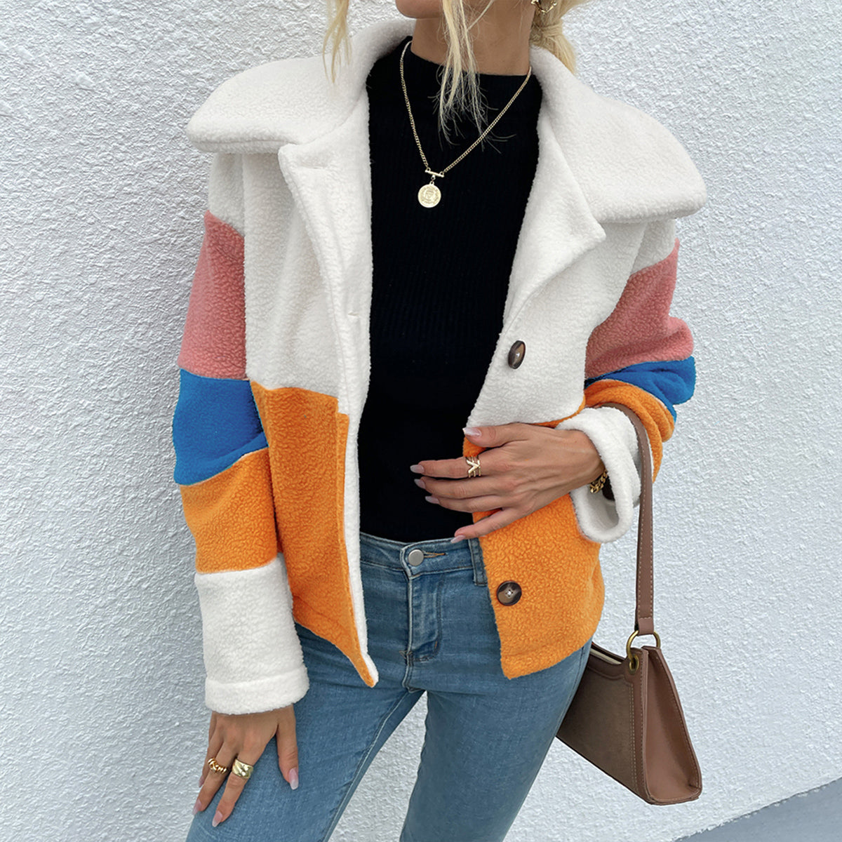 Shiny Color Block Button Down Collared Jacket-Angel Casuals