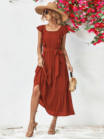 Tie Belt Ruffled Tiered Dress-Angel Casuals