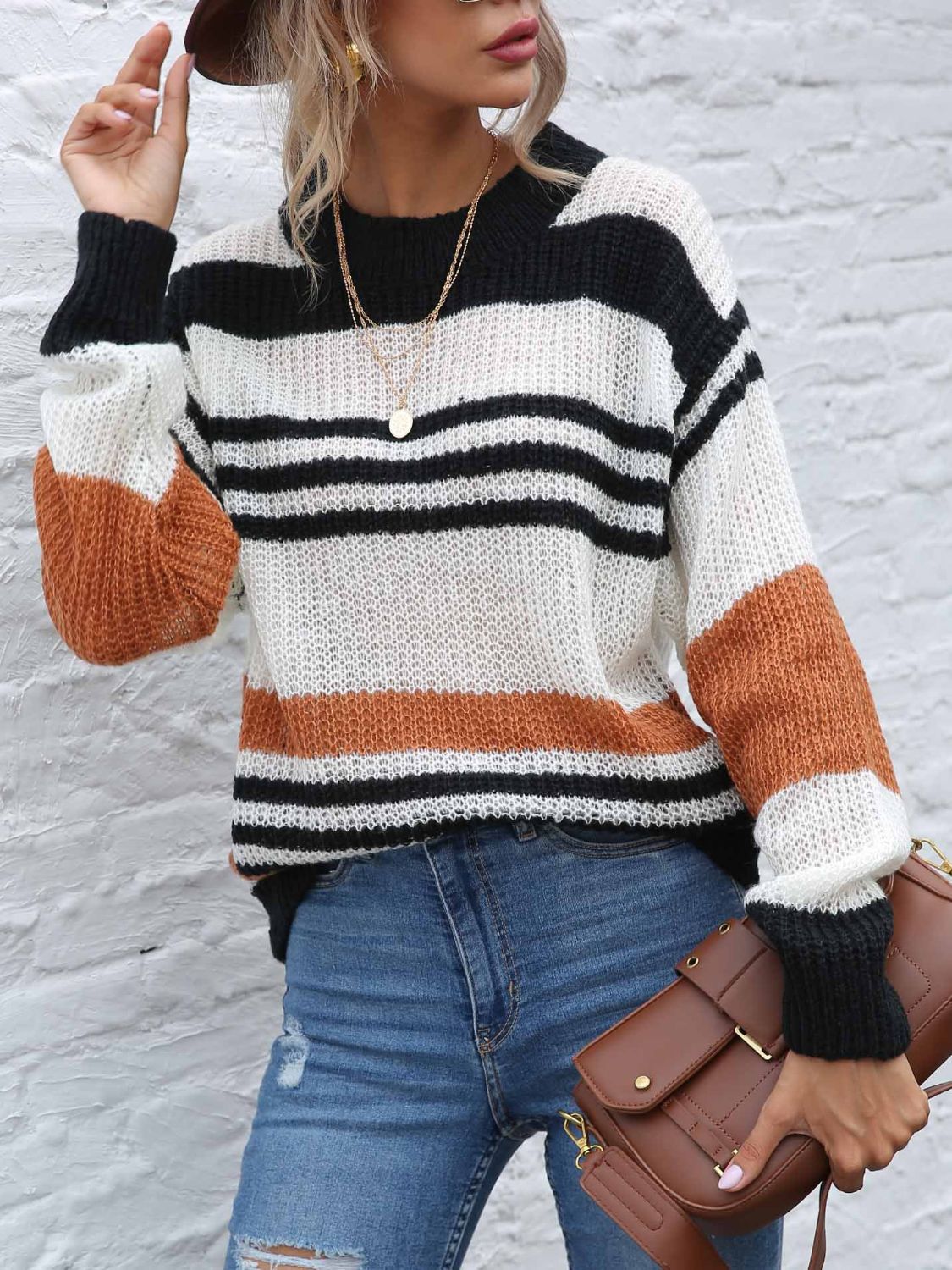 Contrast Striped Round Neck Long Sleeve Sweater-Angel Casuals