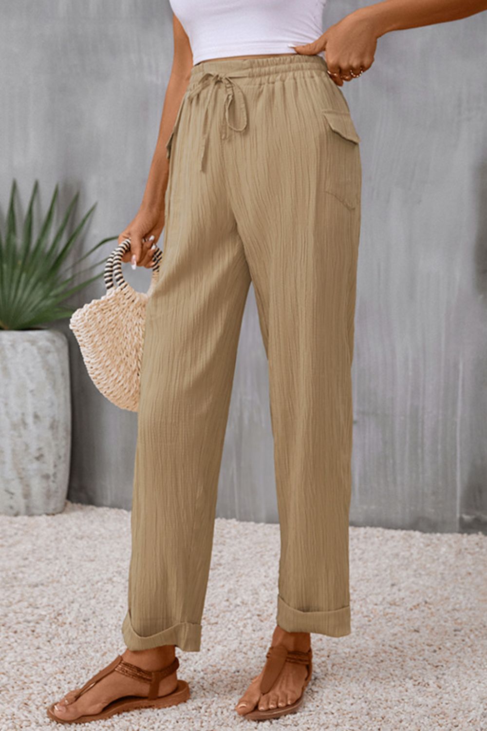 Tie Waist Pocketed Long Pants-Angel Casuals