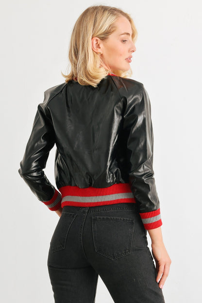 Comme PU Leather Baseball Collar Long Sleeve Jacket-Angel Casuals