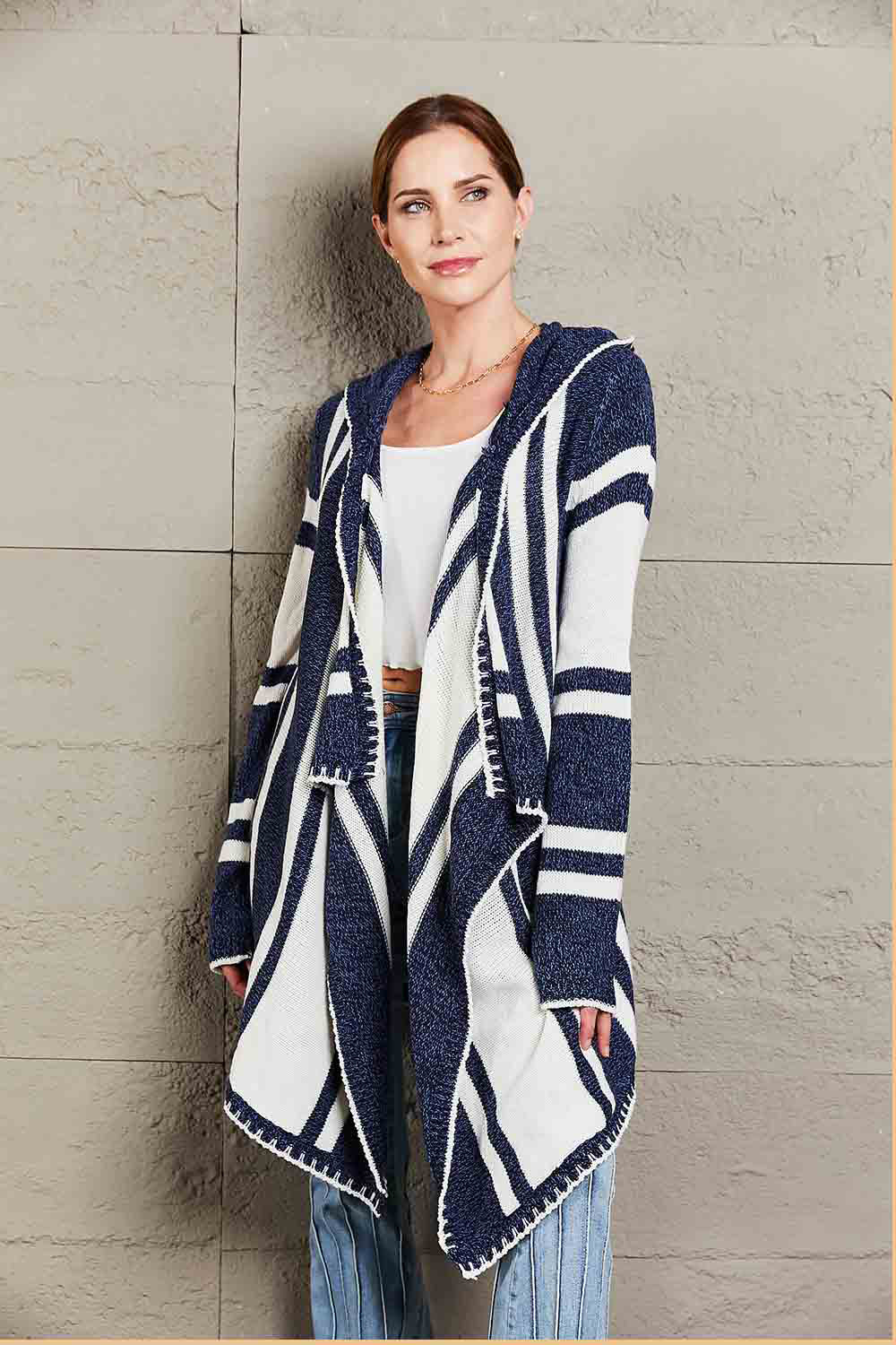 Woven Right Striped Open Front Hooded Cardigan-Angel Casuals