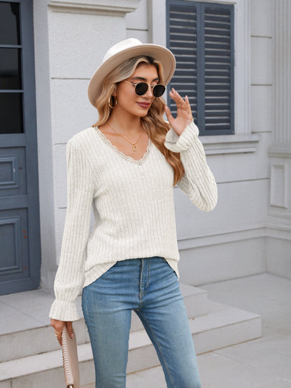 Lace Detail V-Neck Long Sleeve T-Shirt-Angel Casuals