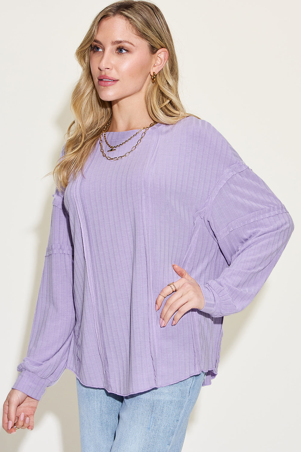 Basic Bae Full Size Ribbed Round Neck Long Sleeve T-Shirt-Angel Casuals