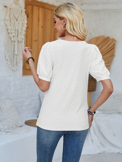 Eyelet Asymmetrical Neck Short Sleeve T-Shirt-Angel Casuals