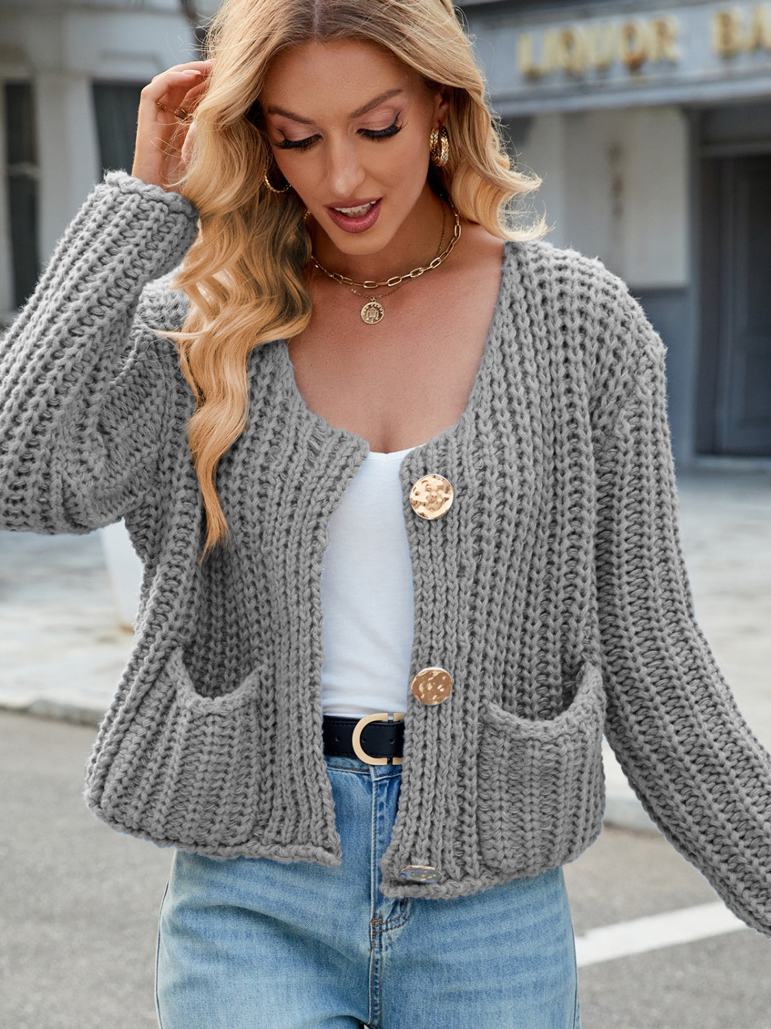 Round Neck Button Up Cardigan with Pockets-Angel Casuals