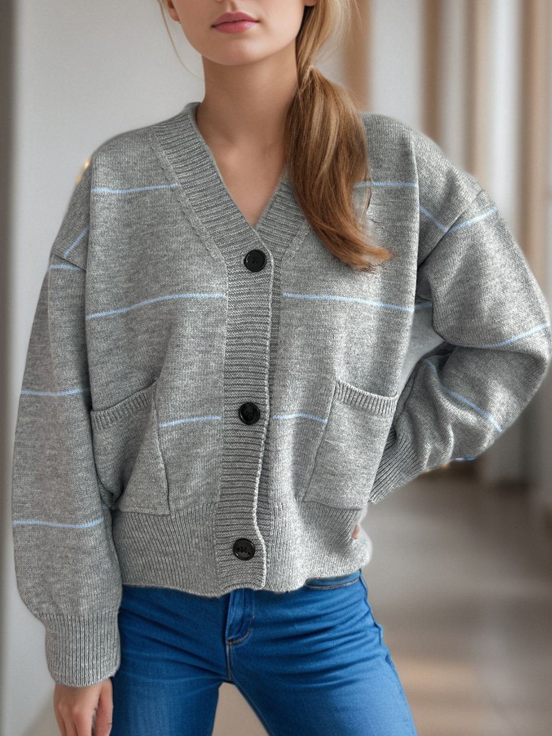 Striped Button Down V-Neck Long Sleeve Cardigan-Angel Casuals