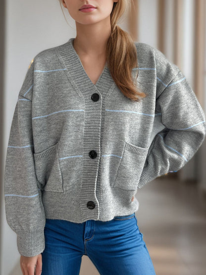 Striped Button Down V-Neck Long Sleeve Cardigan-Angel Casuals