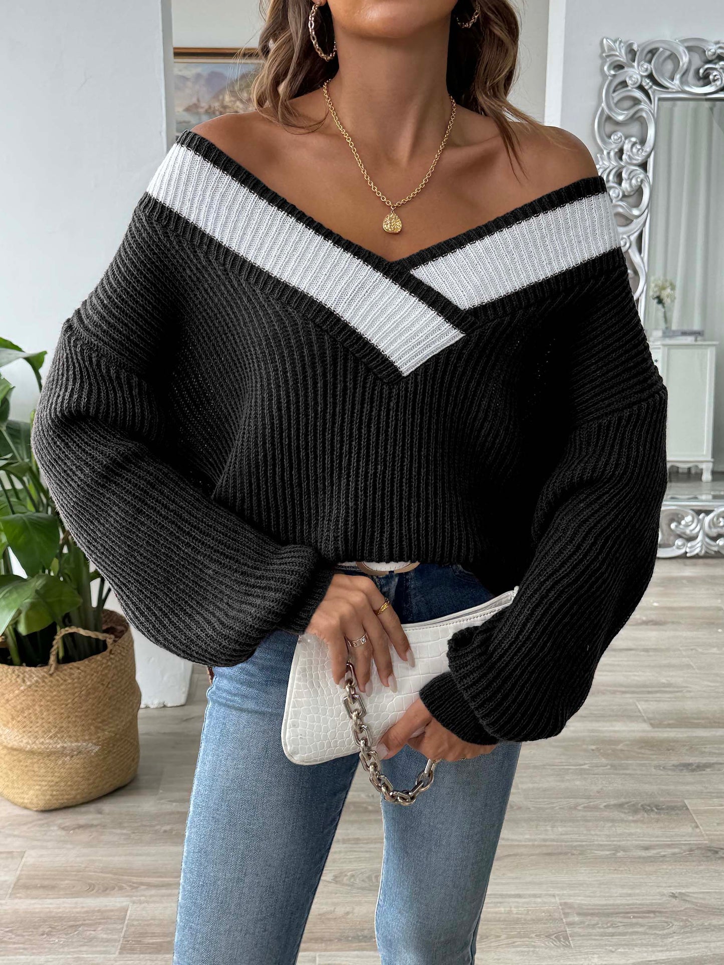 Contrast Dropped Shoulder Long Sleeve Sweater-Angel Casuals