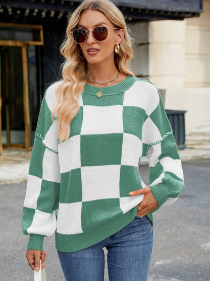 Checkered Round Neck Long Sleeve Sweater-Angel Casuals