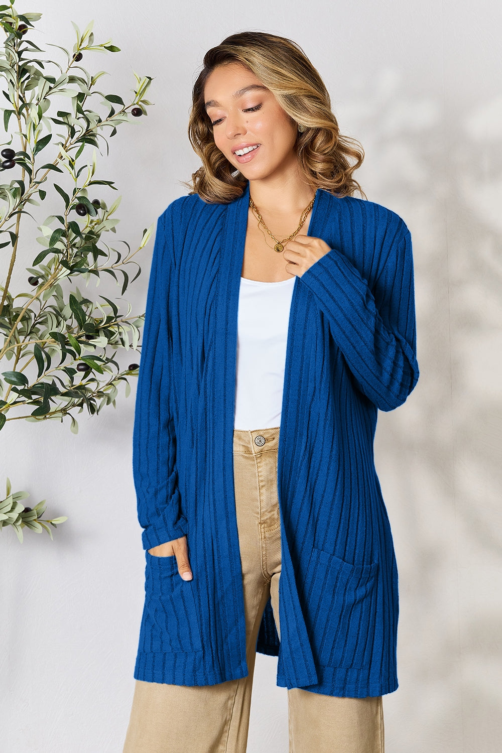 Basic Bae Full Size Ribbed Open Front Cardigan with Pockets-Angel Casuals