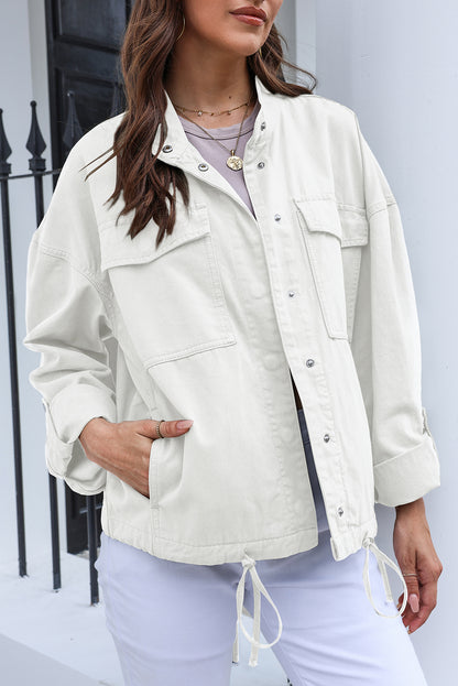 Drawstring Snap Down Dropped Shoulder Denim Jacket-Angel Casuals