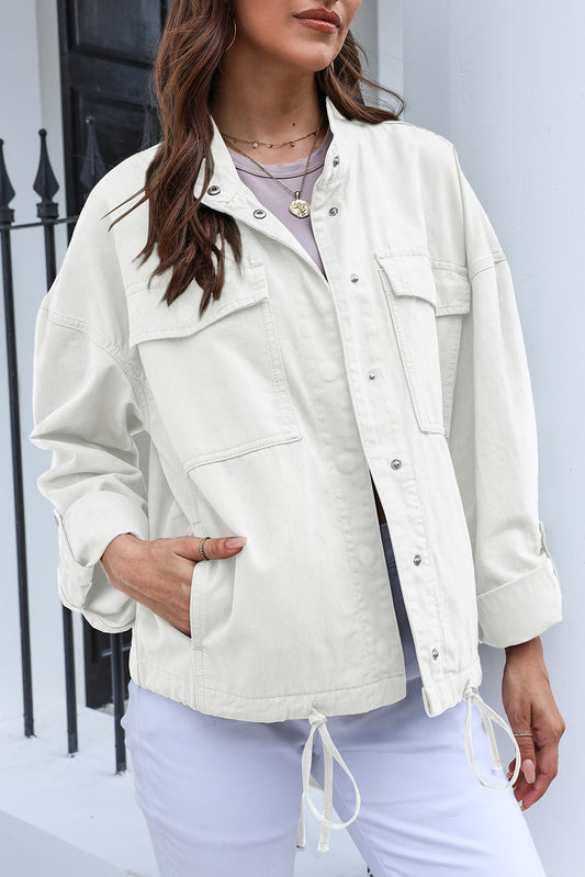 Drawstring Snap Down Dropped Shoulder Denim Jacket-Angel Casuals