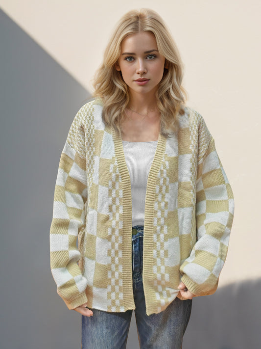 Double Take Checkered Open Front Dropped Shoulder Cardigan-Angel Casuals