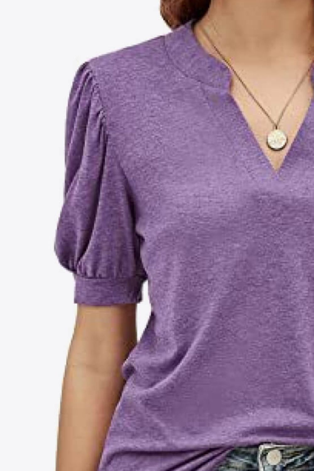 Notched Neck Puff Sleeve Tee-Angel Casuals