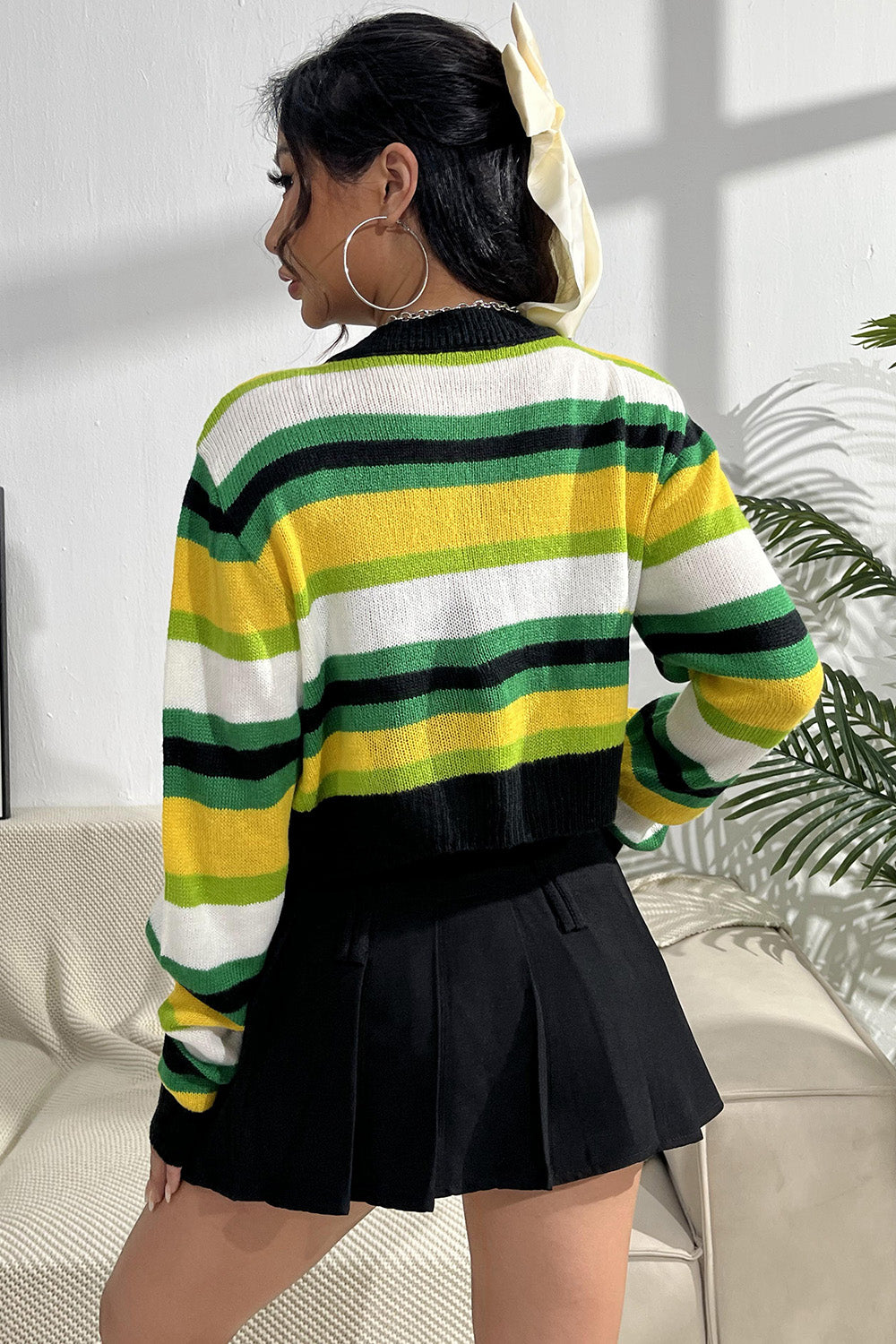 Striped Button Up Contrast Cropped Cardigan-Angel Casuals