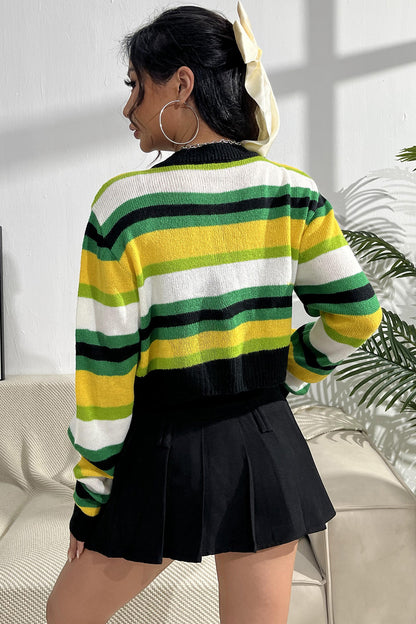 Striped Button Up Contrast Cropped Cardigan-Angel Casuals